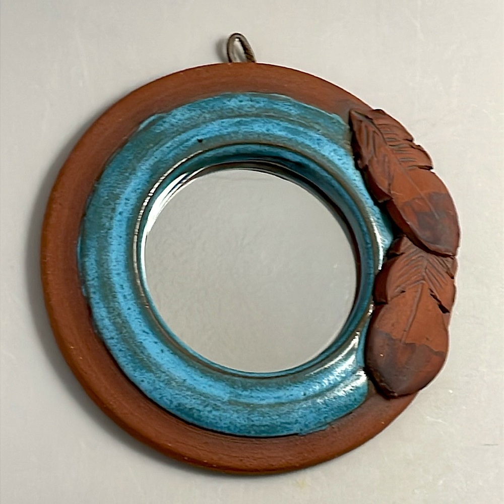 Clay‎ Pottery Sculpted Mirror Southwestern Feather Red & Blue Round Wall Hanging